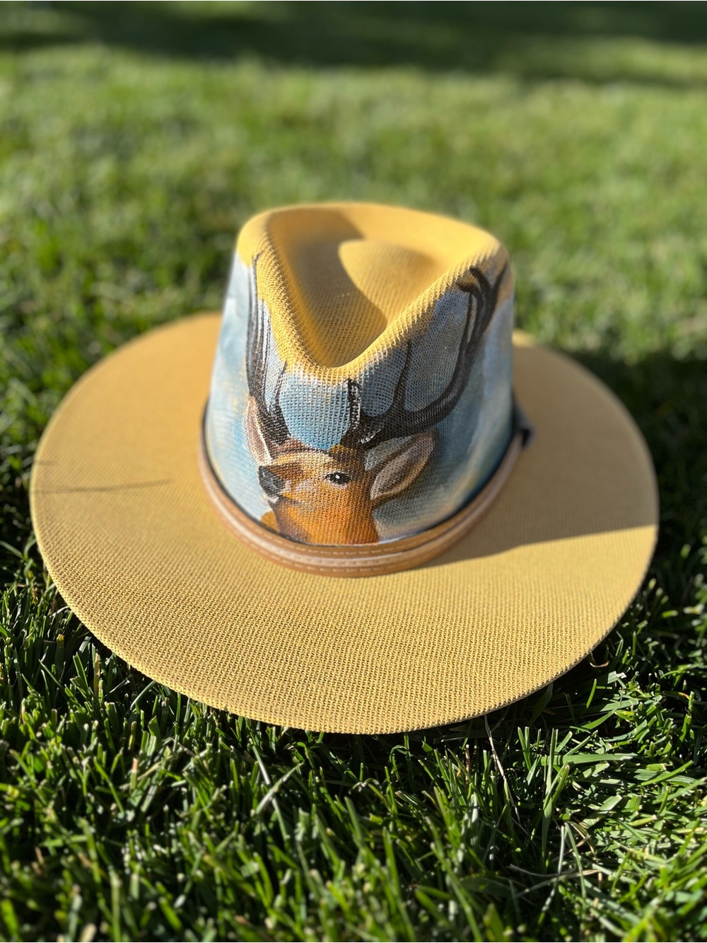 Hand-painted Yellow Hat with Hand-Painted Deer 🦌 Unisex